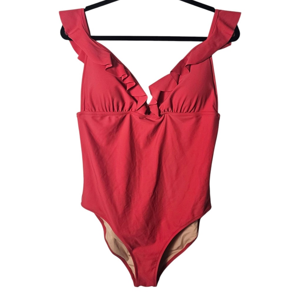 J Crew Factory L Ruffle Shoulder V-Neck‎ One Piece Swimsuit Pink Resort Beach